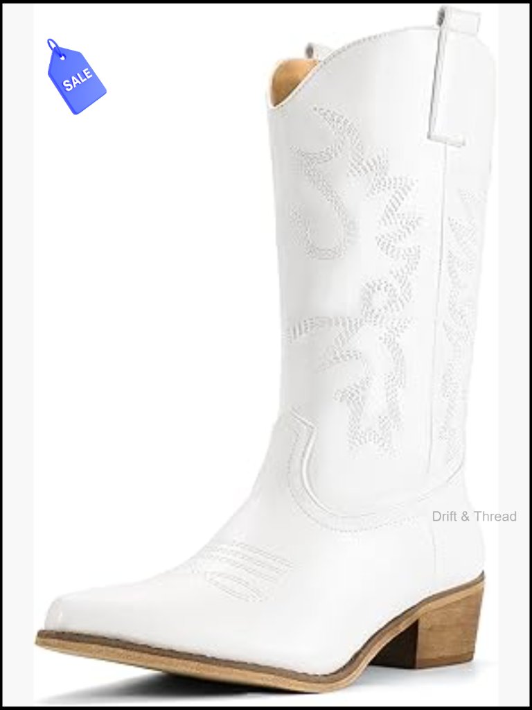 Western Embroidered Mid Calf Chunky Heel Pointed Toe Cowgirl Booties